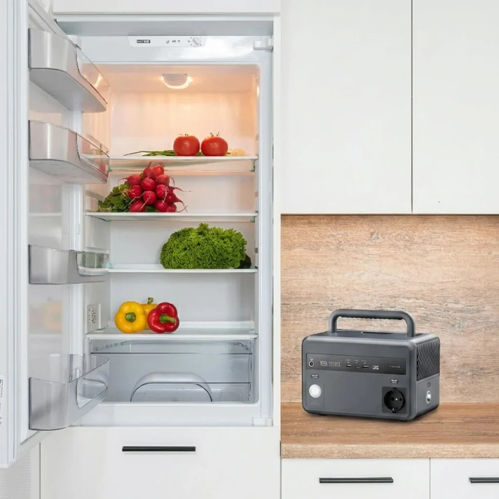 Portable battery generator powering an open refrigerator to keep food fresh during a power outage.