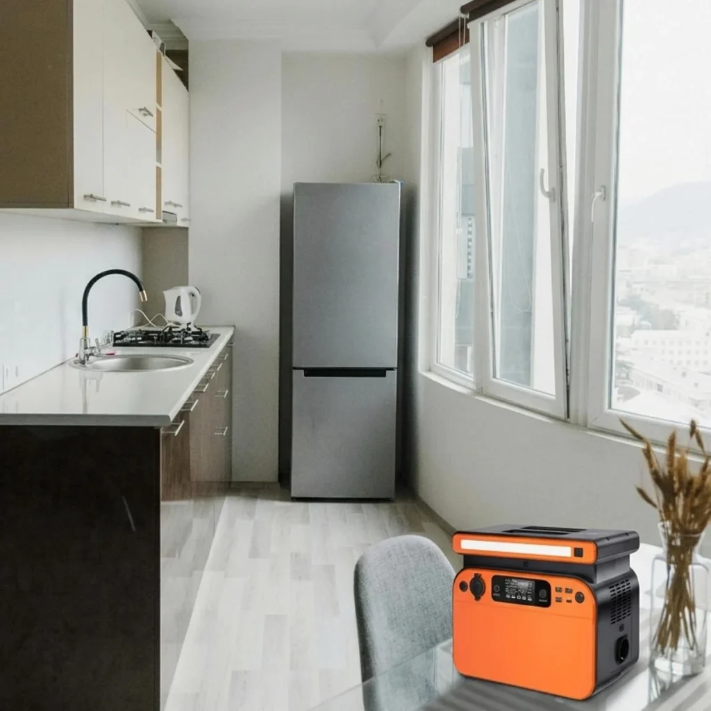 Compact portable power station on a kitchen table providing emergency backup power for refrigerators and small appliances.