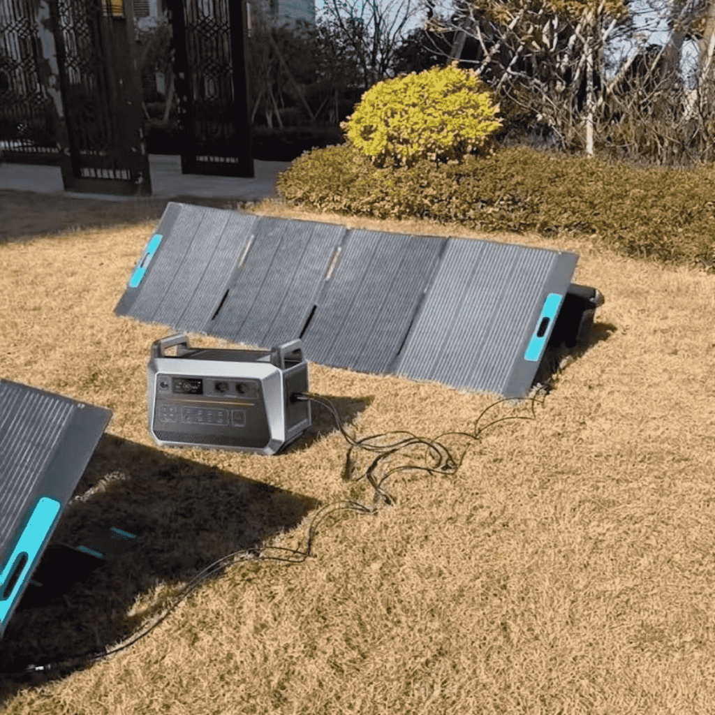 A foldable solar power bank connected to a portable solar battery bank for stable off-grid energy storage.
