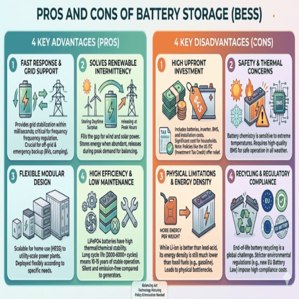 Infographic detailing the 4 key advantages and 4 key disadvantages of BESS, clearly illustrating the pros and cons of battery storage.