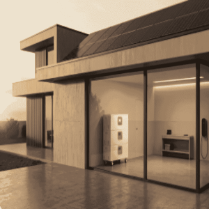 A residential house equipped with rooftop solar panels and a 10kW battery storage system installed in a transparent glass garage at sunset.