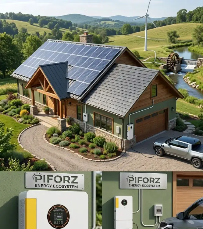 A modern eco-friendly house utilizing multiple residential alternative power sources, including rooftop solar panels, integrated solar roof tiles, a small backyard wind turbine, and a home battery storage system.