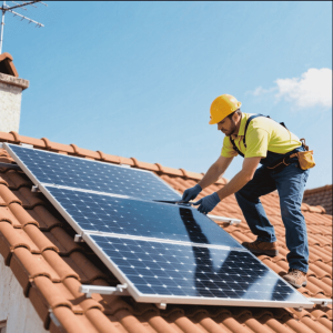 A worker in a hard hat installing solar panels on a roof, a key step to achieve long-term solar energy savings.