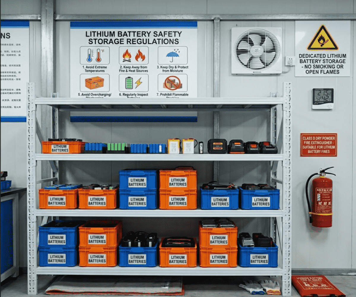 Lithium batteries categorized and placed in insulated plastic boxes on industrial shelving, featuring background safety storage regulation signs, an exhaust fan, a Class D dry powder fire extinguisher, and a temperature and humidity monitor, demonstrating a compliant physical environment for lithium battery storage