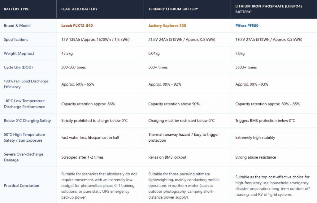 Comparison table of Lead-Acid, Ternary Lithium, and LiFePO4 batteries for solar energy storage systems.