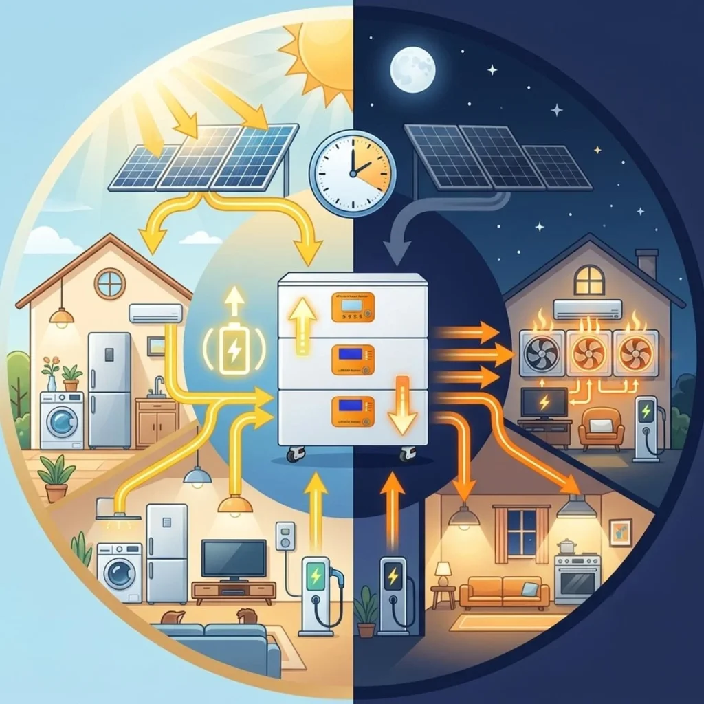 An energy flowchart demonstrating the working mechanism of a residential solar battery backup system. It provides a visual guide to how daytime clean electricity is generated, safely stored within a lithium reservoir, and converted into stable 230V 60Hz alternative current to keep heavy household electronics running continuously overnight.