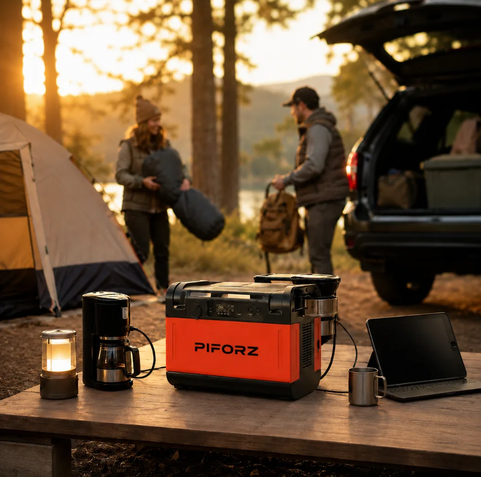 PIFORZ portable power station powering a coffee maker, lantern, and laptop at an RV campsite as a quiet generator alternative.