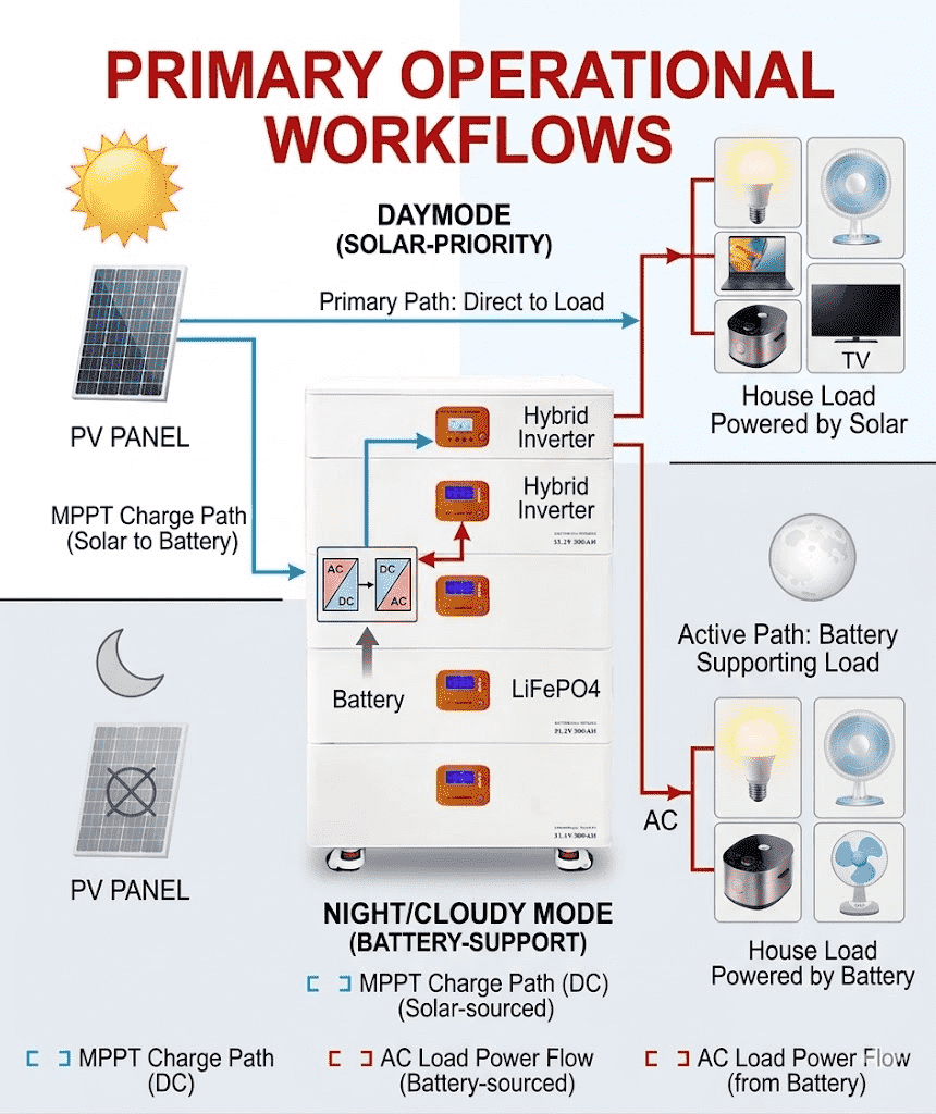 Operational workflow diagram of a 5kW off grid solar power system showing daytime solar priority charging and nighttime LiFePO4 battery discharging via a hybrid inverter