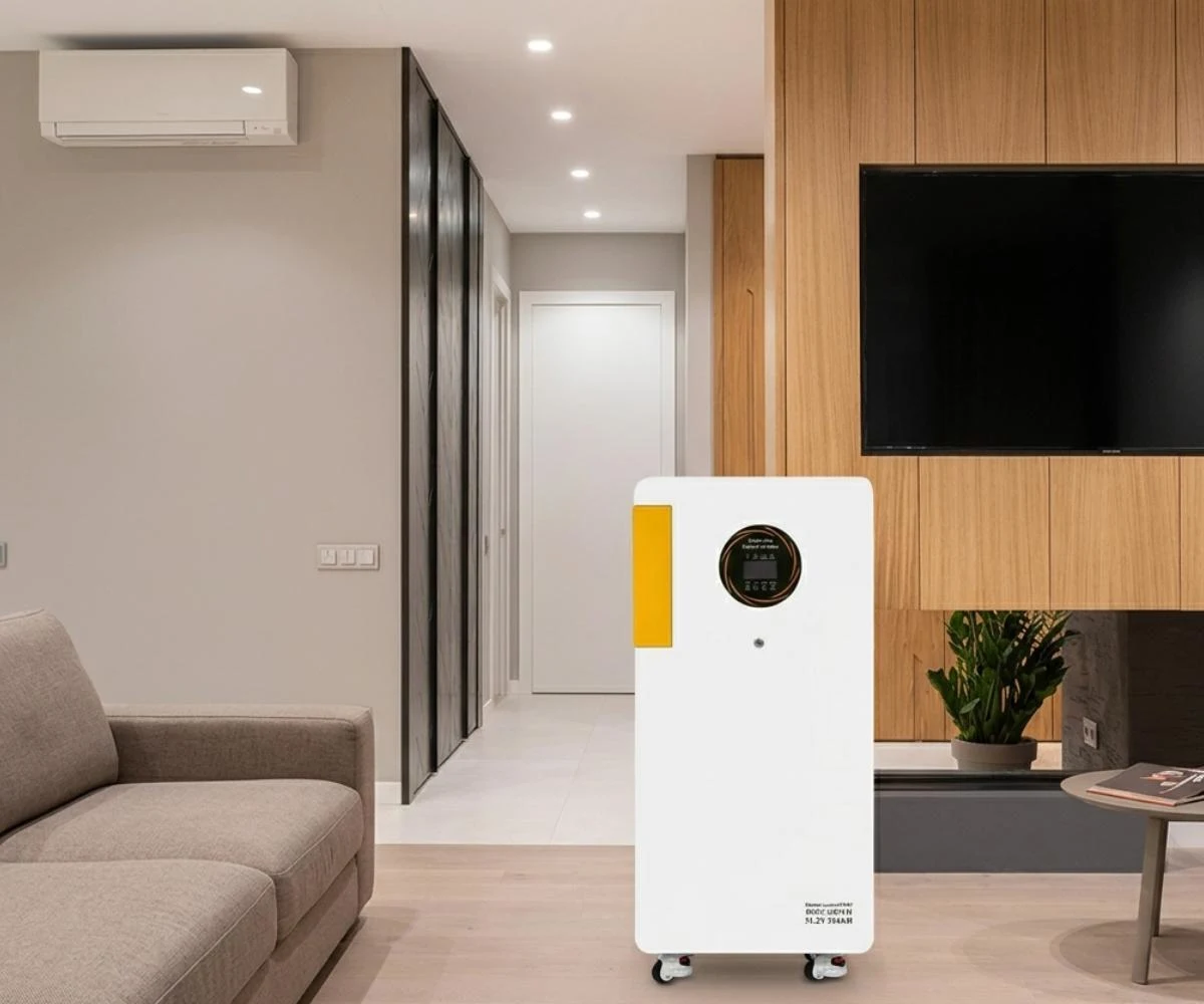 An integrated AC battery backup system mounted on a white utility room wall. This real product installation photo illustrates a modern home energy storage wall equipped with an inverter and BMS, ready to restore electricity seamlessly to essential circuits during emergency blackouts, making it a reliable choice for severe weather protection.