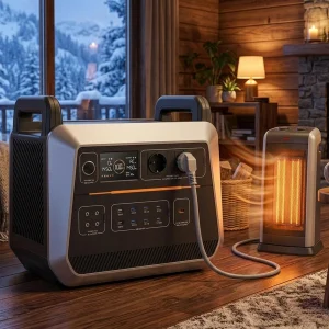 A 2000W portable power station model PF2000 running a space heater in a cozy bedroom during a power outage.