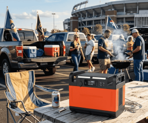 A high-capacity battery power station providing reliable electricity in a modern home setup. This visually introduces how advanced energy storage solutions keep essential entertainment devices and systems running continuously, making it the best portable power station for tailgating and emergency home backup.