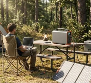 A portable power station with a folding solar panel being used for light camping in the forest to charge a laptop and electronic devices.