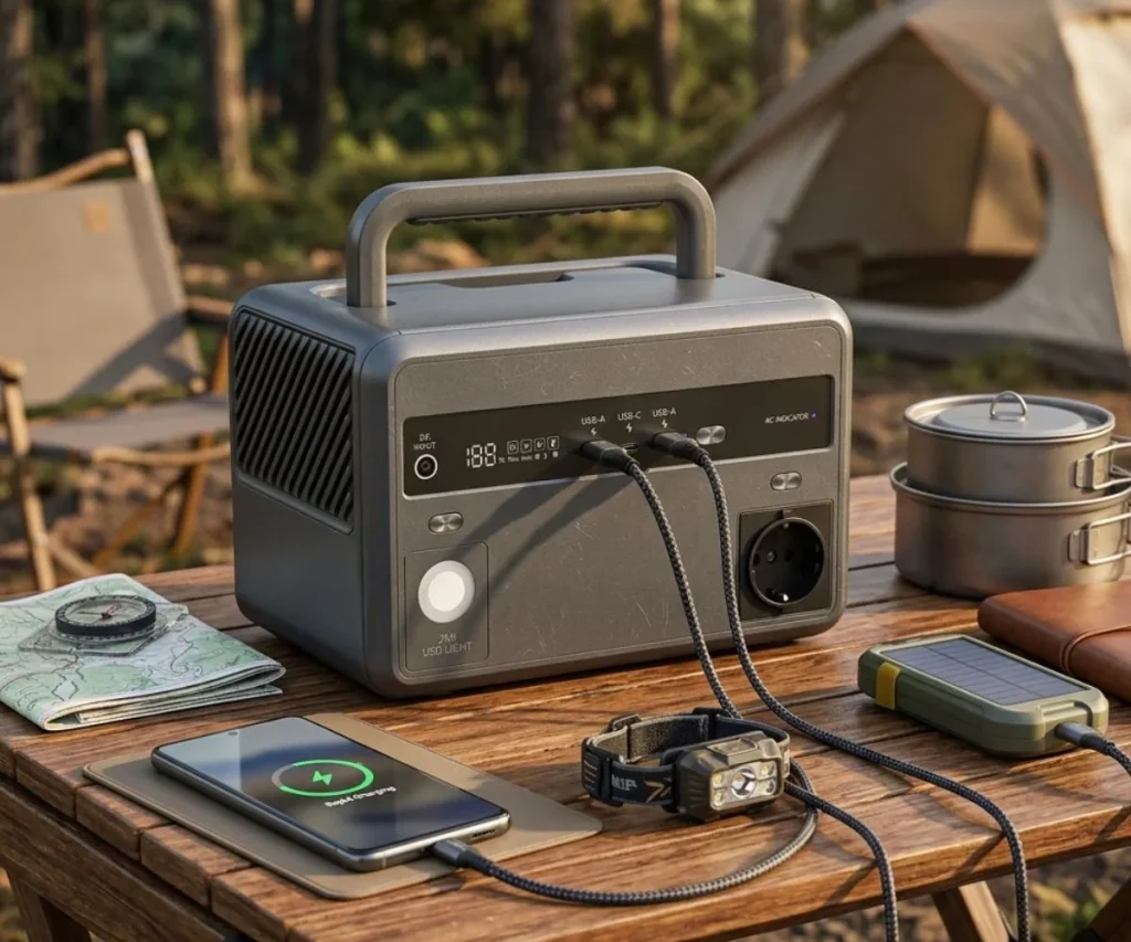 A portable power station with an active digital display charging phones and lights. This image visualizes the difference between compact battery options for charging lightweight gadgets and hardwired AC battery backup networks required to survive high-surge air conditioning compressors during extensive grid failures.