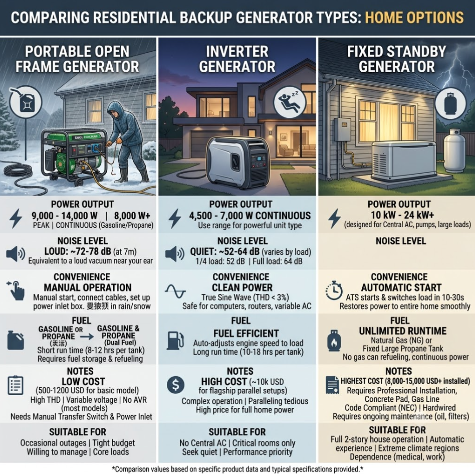 Comparison chart of portable, inverter, and fixed standby generators showing power output, noise levels, fuel types, and costs for home use.