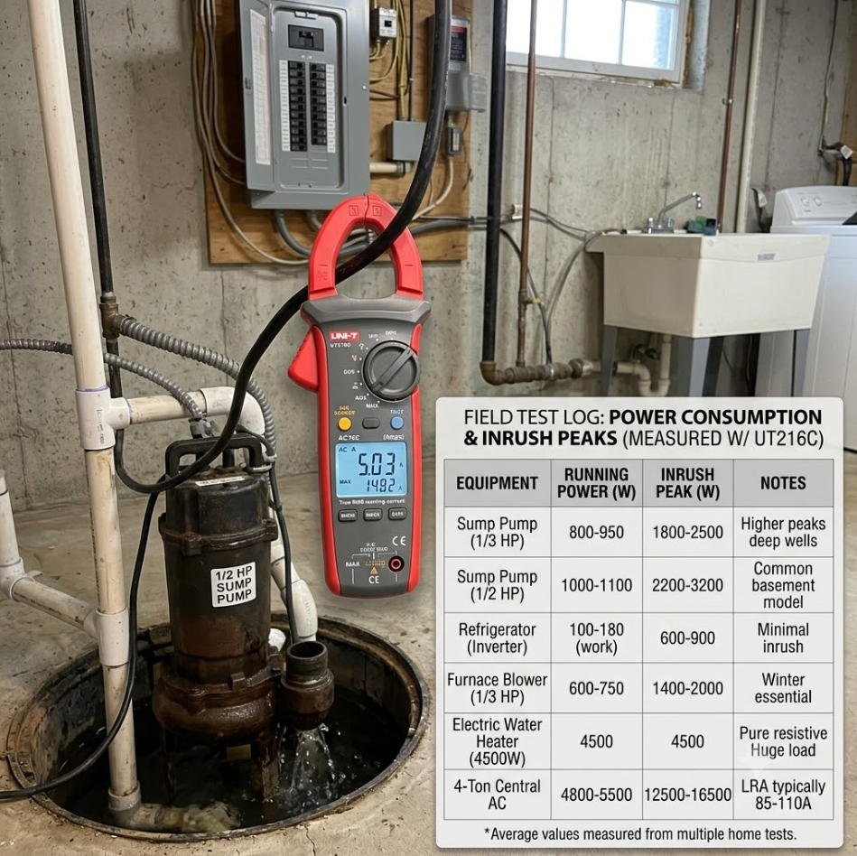 Field test log showing running power and inrush peaks for common two-story home appliances like sump pumps and central AC.