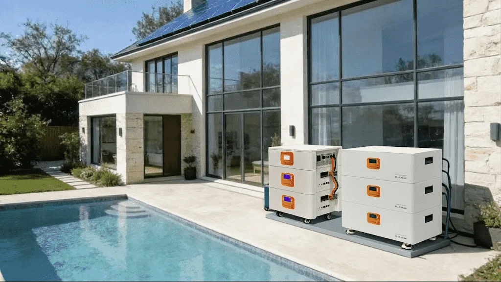Modern home energy storage battery system with integrated inverter for off-grid power backup.