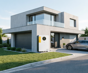 Hybrid power inverter and energy storage system installed outside a modern home.