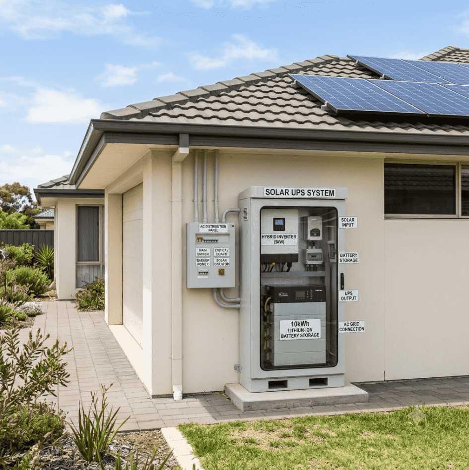 Outdoor home solar UPS system featuring a 5kW hybrid inverter, 10kWh lithium-ion battery, and AC distribution panel for critical loads.