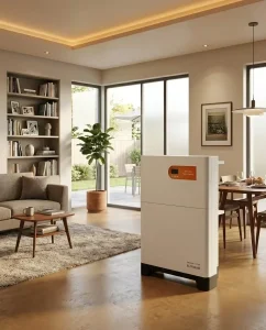 A modern white home solar battery storage system with an LCD display screen placed in a beautifully designed residential living room for backup power.