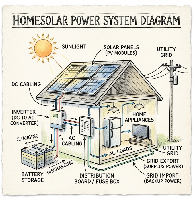 Detailed diagram of a solar power system for home, showing connections between solar panels, inverter, battery storage, and utility grid