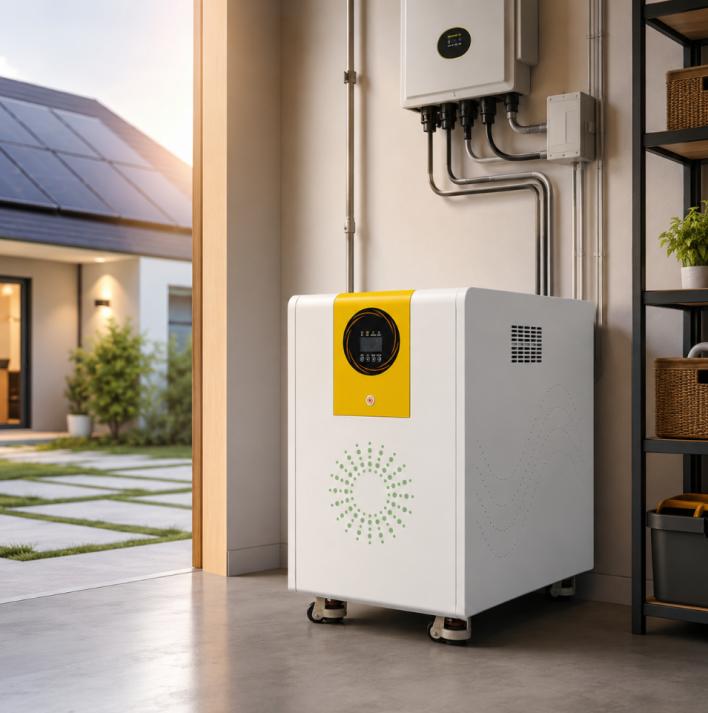 Home stationary energy storage system installed with solar panels and an inverter for residential backup power.