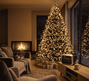 A high-capacity portable power station placed next to a decorated indoor Christmas tree and a cozy fireplace, providing energy for festive lights.