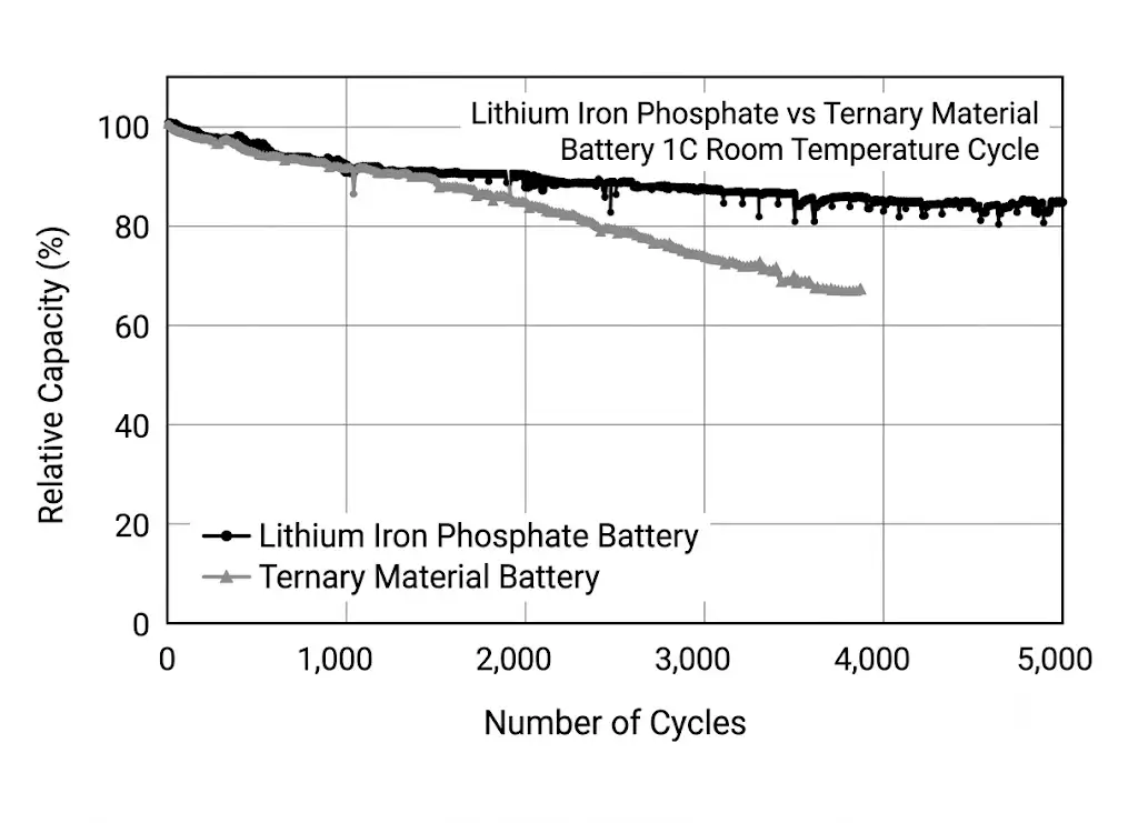 Cycle life comparison chart of Lithium Iron Phosphate and Ternary Lithium batteries.