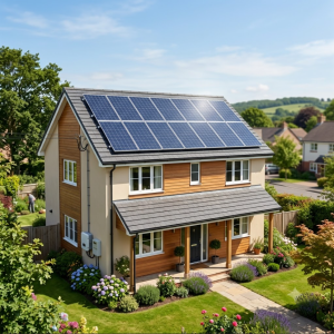 Modern two-story house with a rooftop solar power system for home, showcasing a clean energy installation on a sunny day