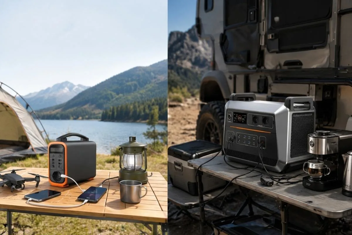 A side-by-side comparison of a 200W and 2000W portable power inverter for camping. It helps users visually differentiate between a lightweight power station for basic electronics and a heavy-duty energy system capable of running major appliances, optimizing selection for different outdoor camping styles.