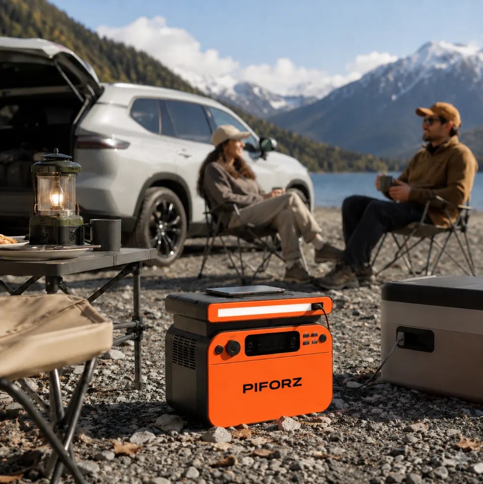PIFORZ portable power station used at a lakeside RV campsite for quiet outdoor power and essential camping devices.