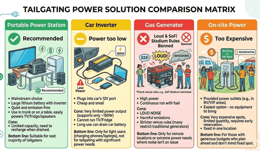 A comparison chart evaluating portable power stations vs gas generators and car inverters for tailgating. The infographic outlines the pros and cons of each power source, emphasizing stadium compliance, noise levels, and portability to guide readers toward the best portable power station for tailgating in 2026.