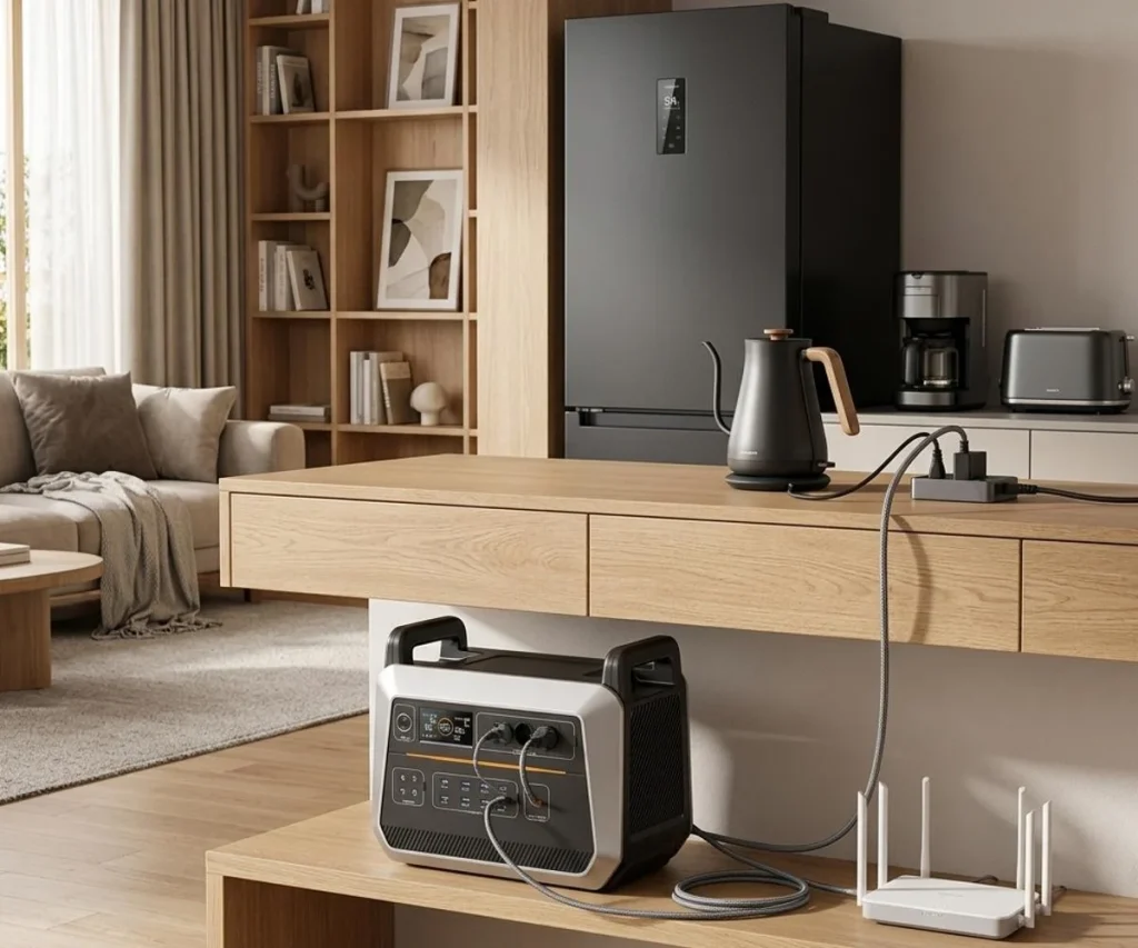 Portable power station powering kitchen appliances and Wi-Fi during home power outages