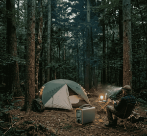 A man sitting next to a tent in a forest at night, using a portable power station and a headlamp. This practical solar power camping equipment provides reliable off-grid power