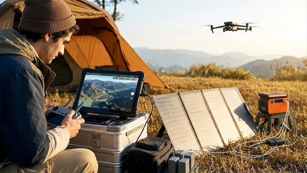 An outdoor camping setup featuring a portable solar power station connected to foldable solar panels charging electronics and a drone in a sunny mountain area.