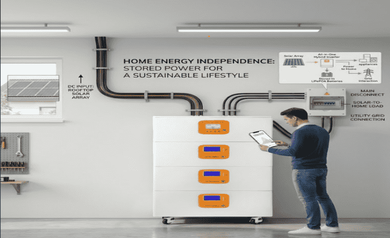 A homeowner checking energy data on a smartphone, connected to a modern solar battery storage for home system.