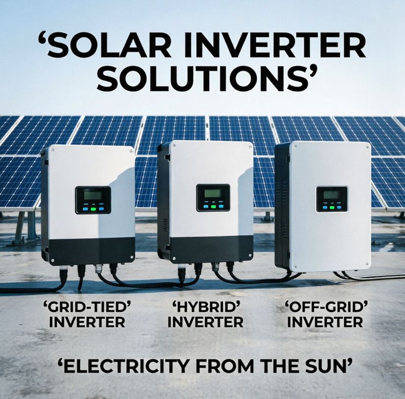 Display of grid-tied, hybrid, and off-grid solar inverters connected to solar panels.