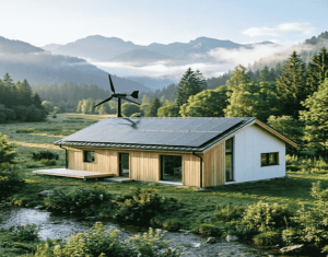 A wooden off-grid cabin equipped with roof solar panels and a wind turbine next to a mountain stream