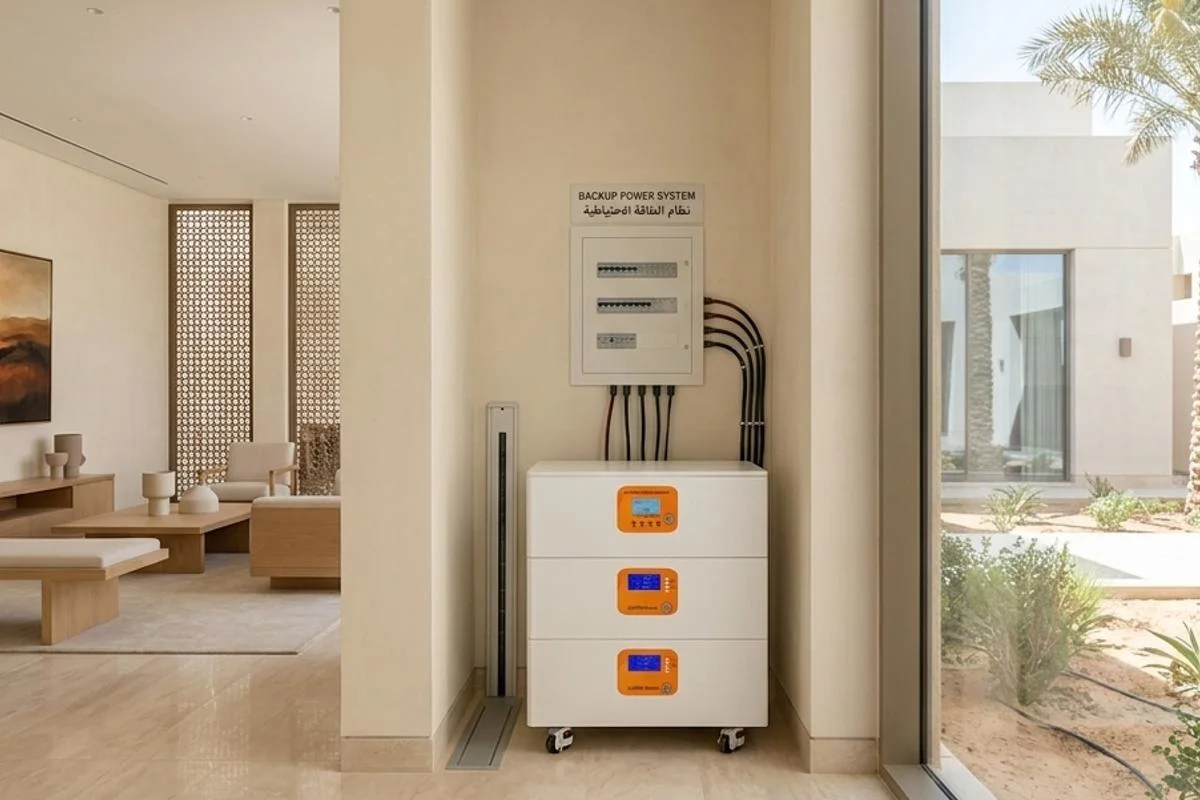 Stackable solar energy storage battery installed inside a modern villa as backup power