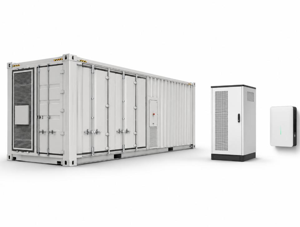 Stationary energy storage system scale comparison showing grid-scale storage, commercial energy storage, and a home battery storage system.