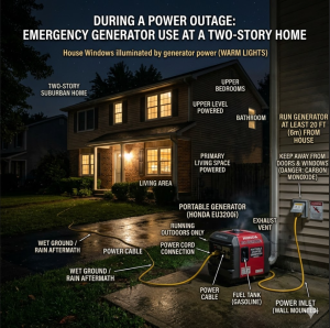 Illustration of safe emergency generator use at a two-story home, showing proper outdoor placement, exhaust venting, and power cord connection.