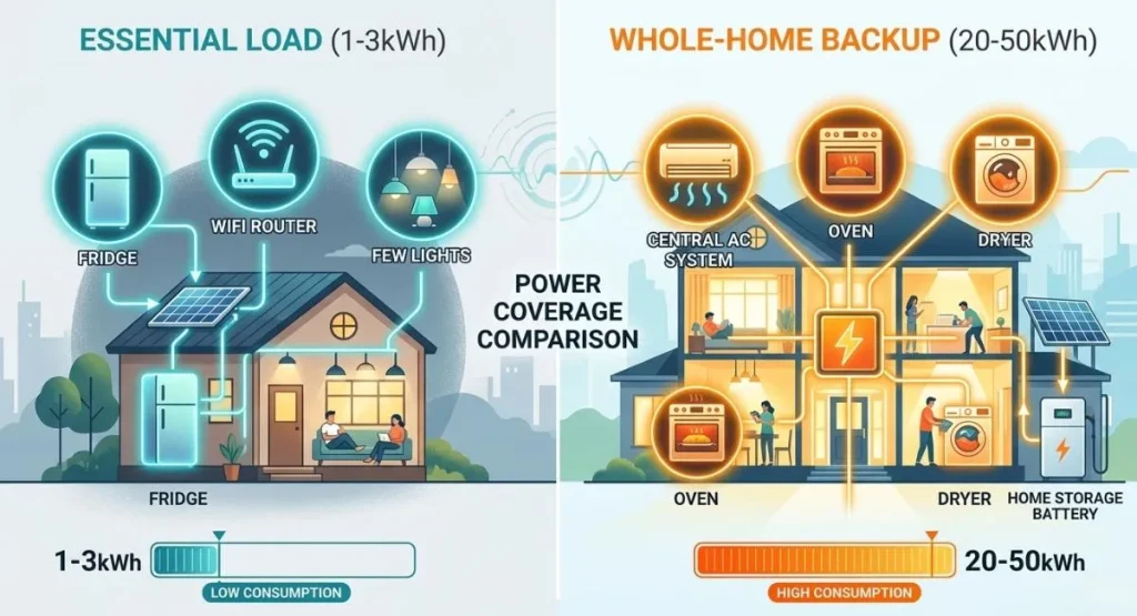 An infographic comparing essential load and whole-house capacity options for a home backup battery system. It provides a quick reference guide on choosing appropriate battery sizes (kWh) and inverter outputs (kW) based on budget, property square footage, and the desire to run heavy appliances during blackouts.