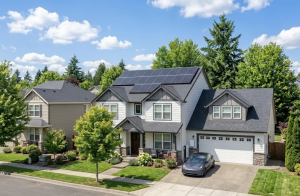 A modern two-story residential house featuring a rooftop monocrystalline 5kW solar system setup with a silver electric car parked in the driveway