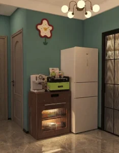 A Piforz portable power station providing backup electricity to a white household refrigerator in a kitchen.