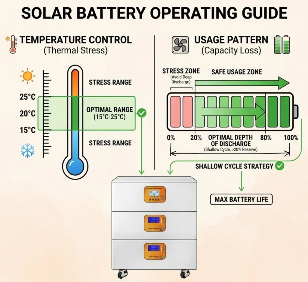 Infographic showing how temperature and depth of discharge impact LiFePO4 solar battery health