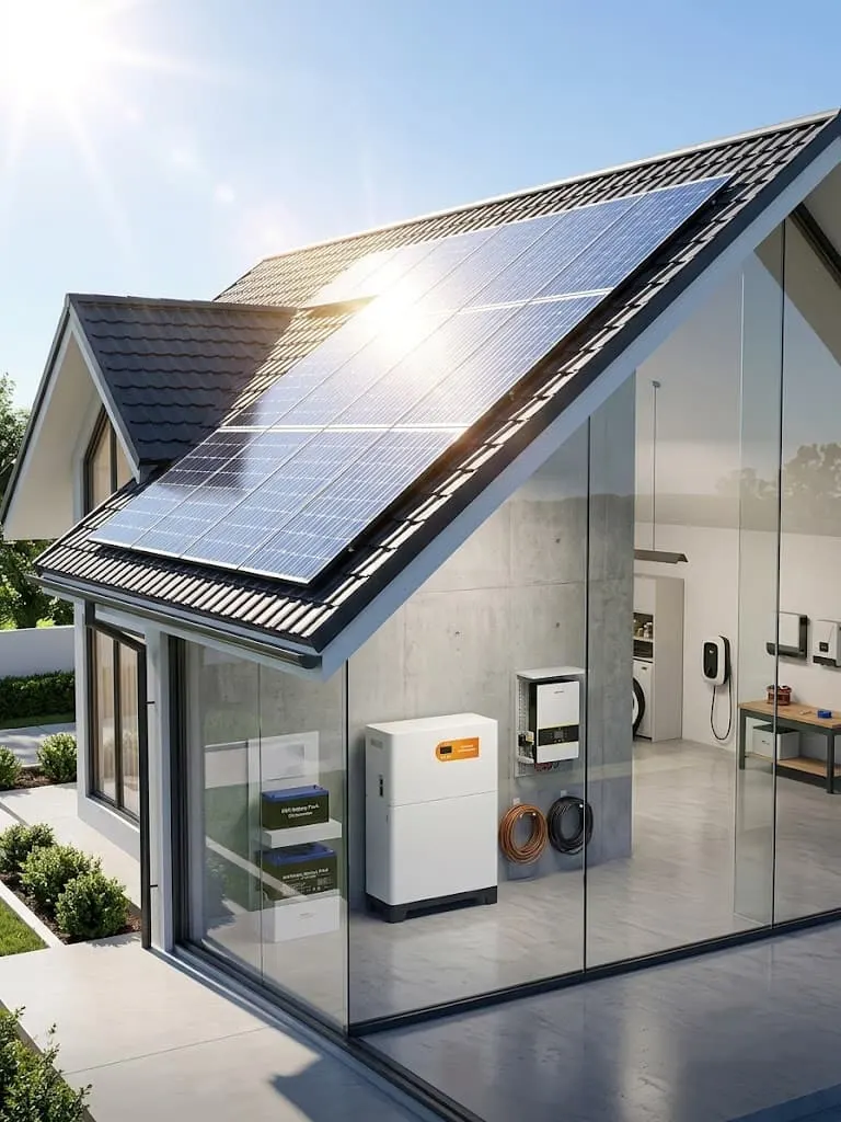 A modern home with rooftop solar panels integrated with a Piforz ESS modular battery storage system for 2026 energy independence.