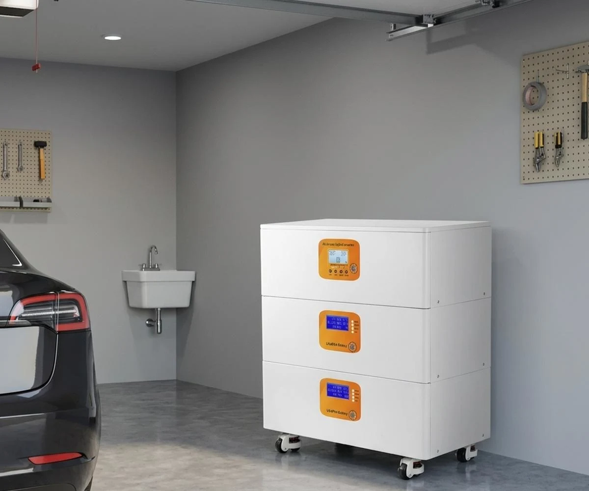 Modern solar home battery energy storage system installed in a residential garage