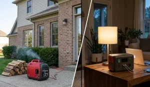 Inverter generator operating outdoors compared with a portable power station powering essential devices indoors