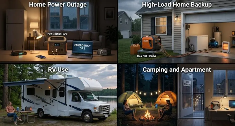 Portable power station and inverter generator use cases for home outages, high-load backup, RV travel, camping, and apartment power