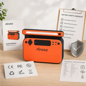 PIFORZ portable power station with battery safety checklist, user manual, and protection icons for overcharge, overload, and short circuit safety.
