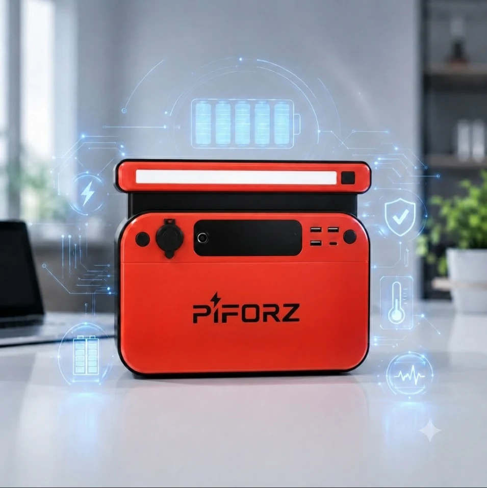 PIFORZ portable power station with digital BMS icons showing battery monitoring, temperature protection, and safe power control.